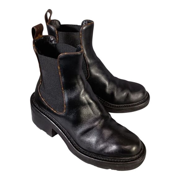 Louis Vuitton Monogram Beaubourg Ankle Boot Black Leather Uniform Women's 38.5/8 - Picture 1 of 16